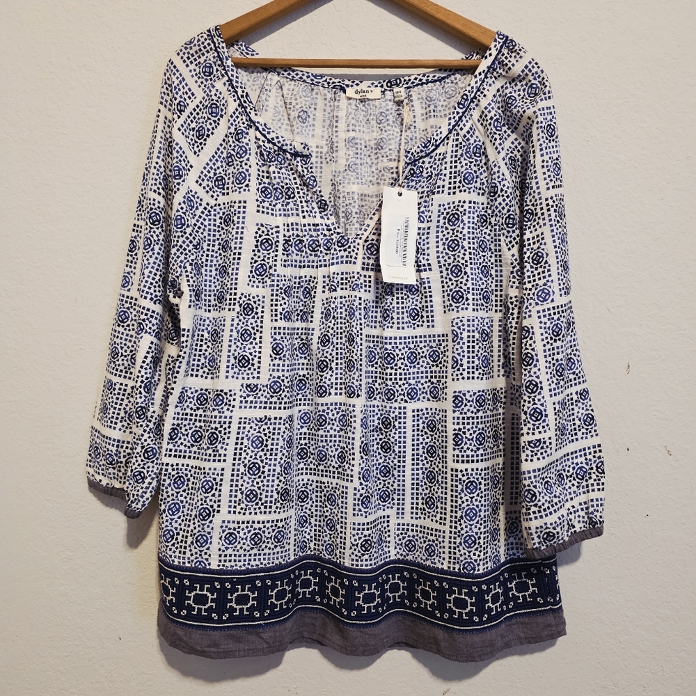 NWT Dylan Mosaic Blouse Embroidered Border Indigo Peasant Size Small